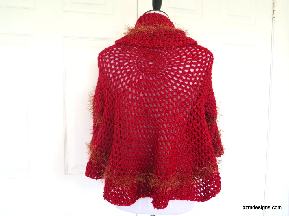 Large Red Circle Shrug, Hand Crochet Layering Sweater, Designer Knitwear