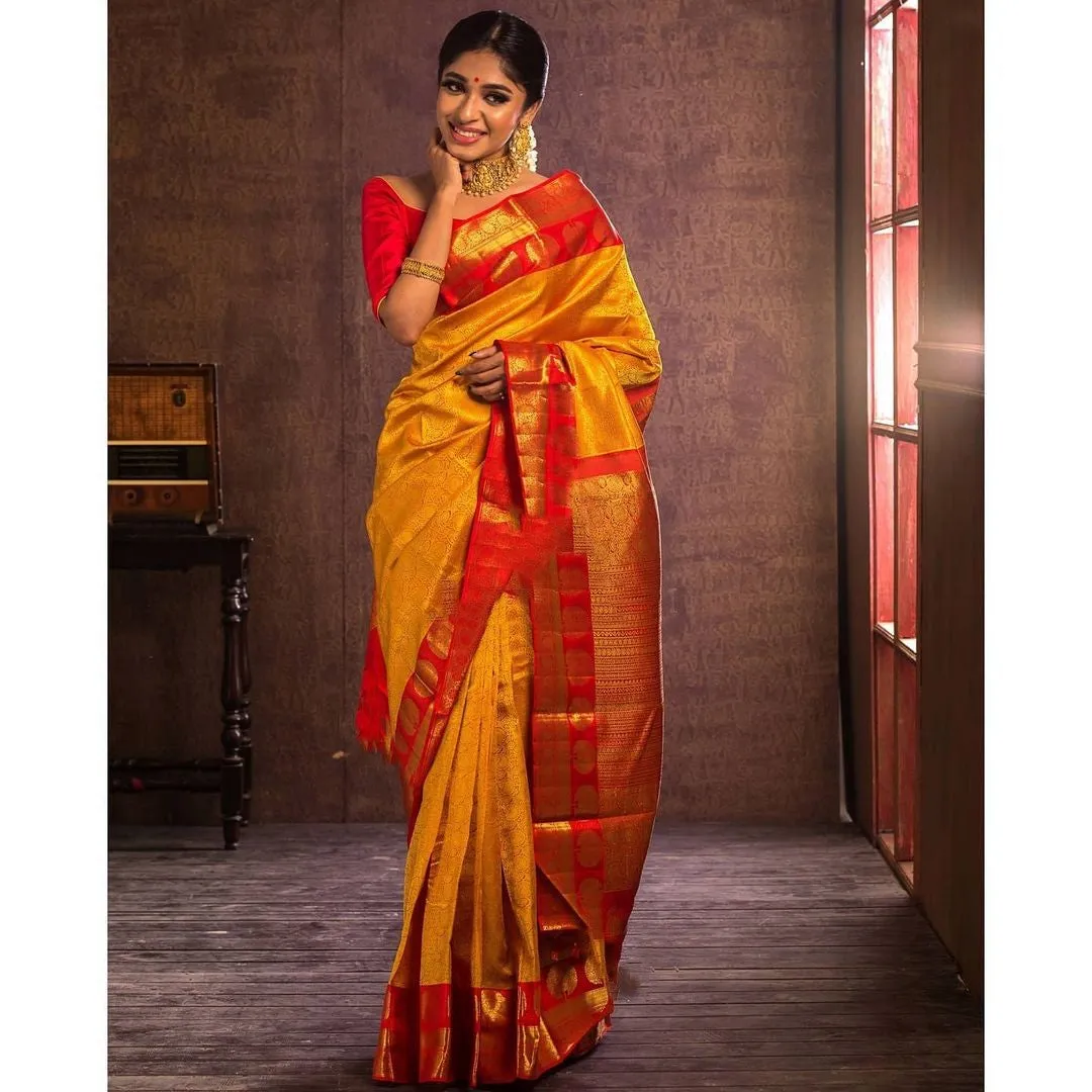 Lassitude Yellow Soft Banarasi Silk Saree With Flattering Blouse Piece