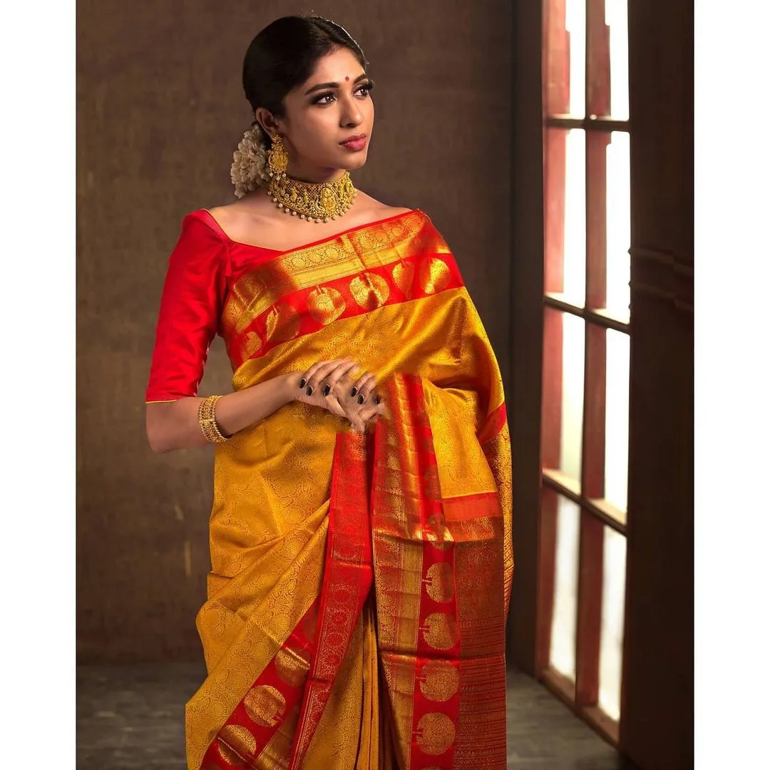 Lassitude Yellow Soft Banarasi Silk Saree With Flattering Blouse Piece