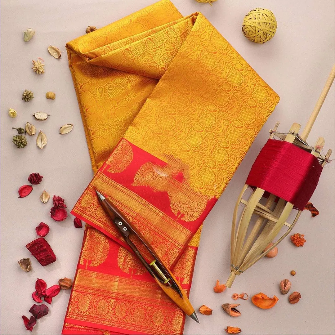 Lassitude Yellow Soft Banarasi Silk Saree With Flattering Blouse Piece