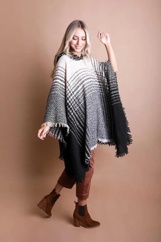 Leto Herringbone Tweed Hooded Frayed Edge Poncho