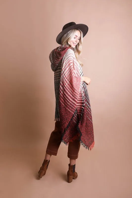 Leto Herringbone Tweed Hooded Frayed Edge Poncho