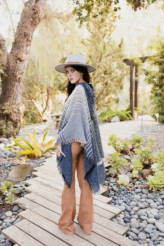 Leto Herringbone Tweed Hooded Frayed Edge Poncho