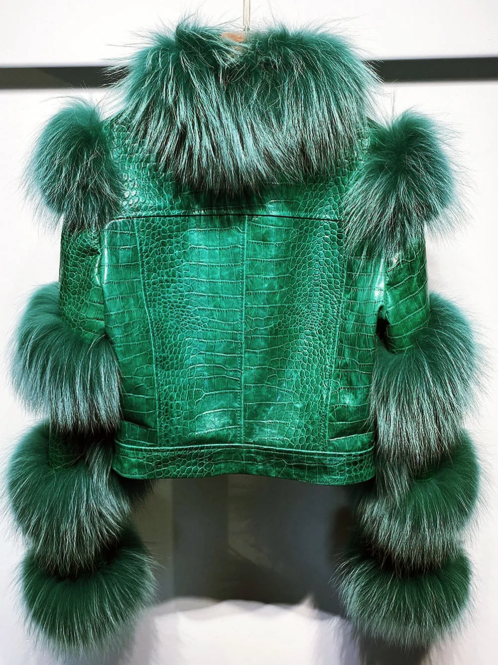 LITALY Fur Trim Leather Jacket in Dark Green