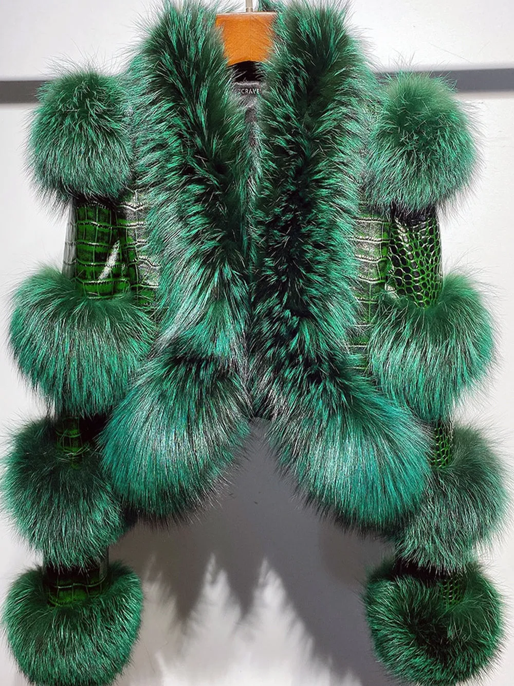 LITALY Fur Trim Leather Jacket in Dark Green