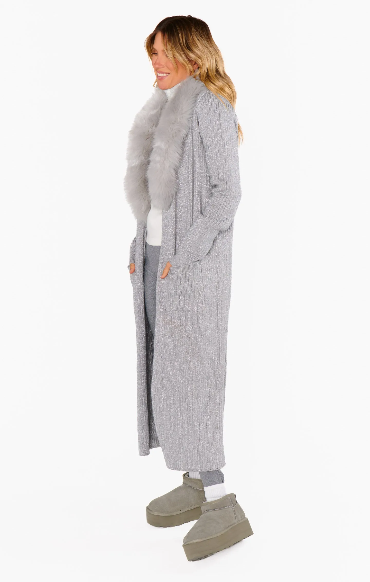 Lombardi Long Cardi ~ Silver Rib Knit with Faux Fur