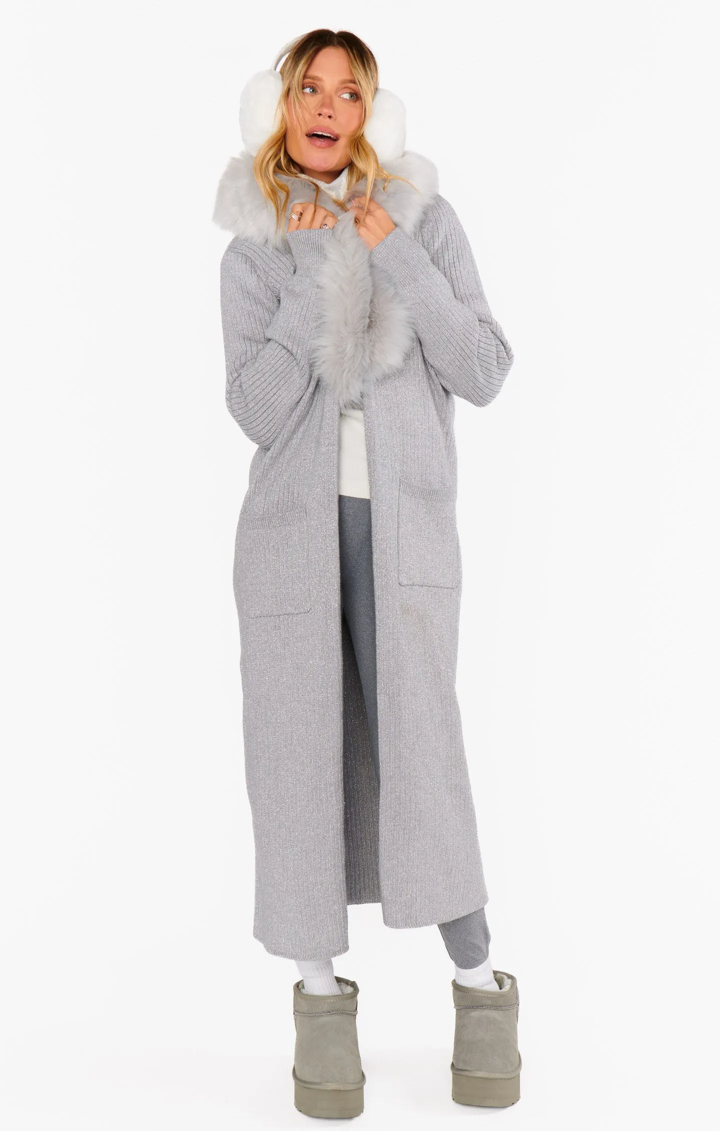 Lombardi Long Cardi ~ Silver Rib Knit with Faux Fur