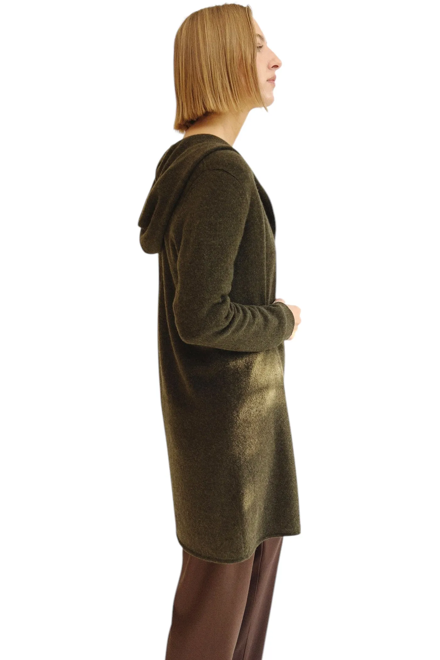 Long Cashmere Hooded Cardigan in dark olive green