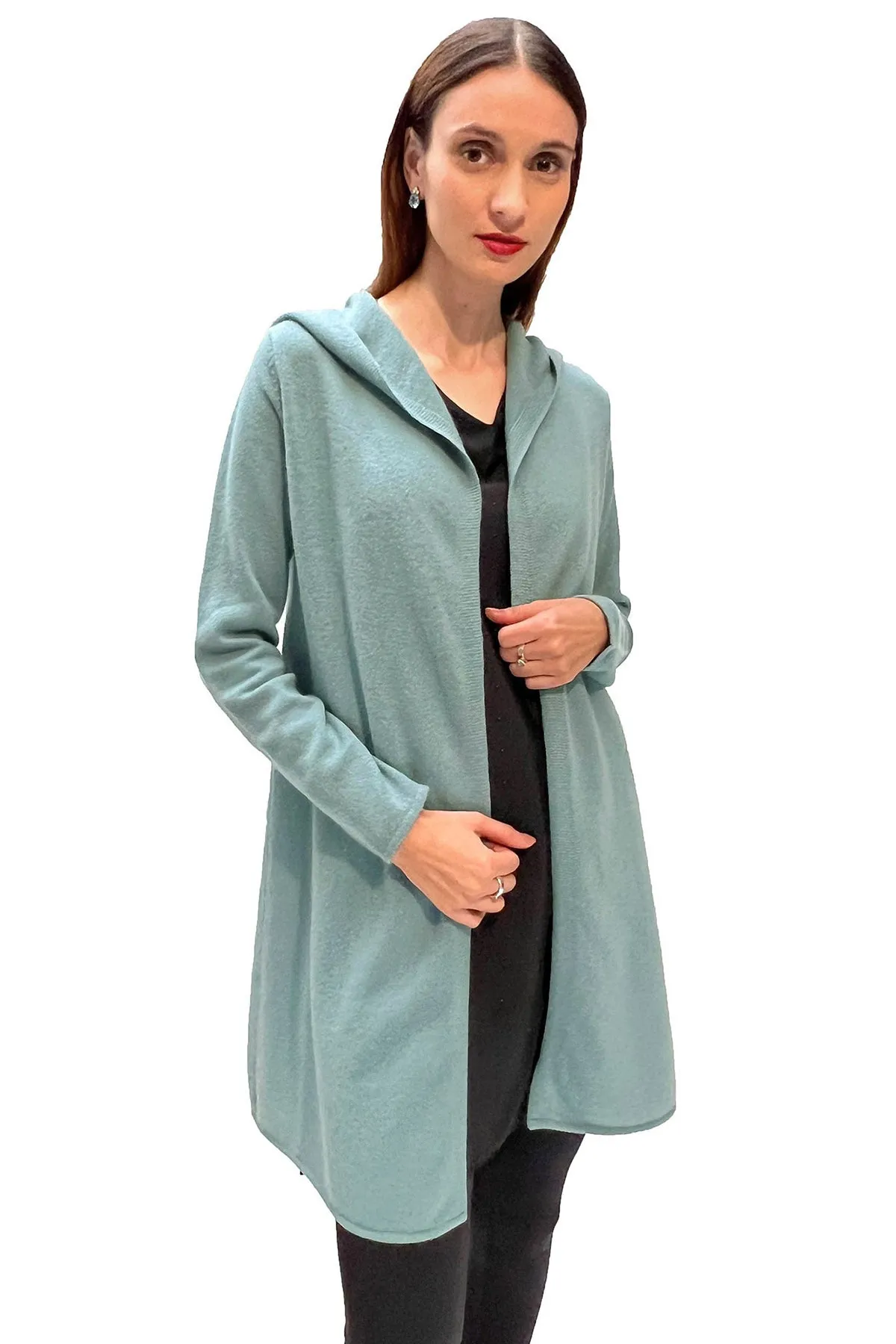 Long Cashmere Hooded Cardigan in Green duck egg