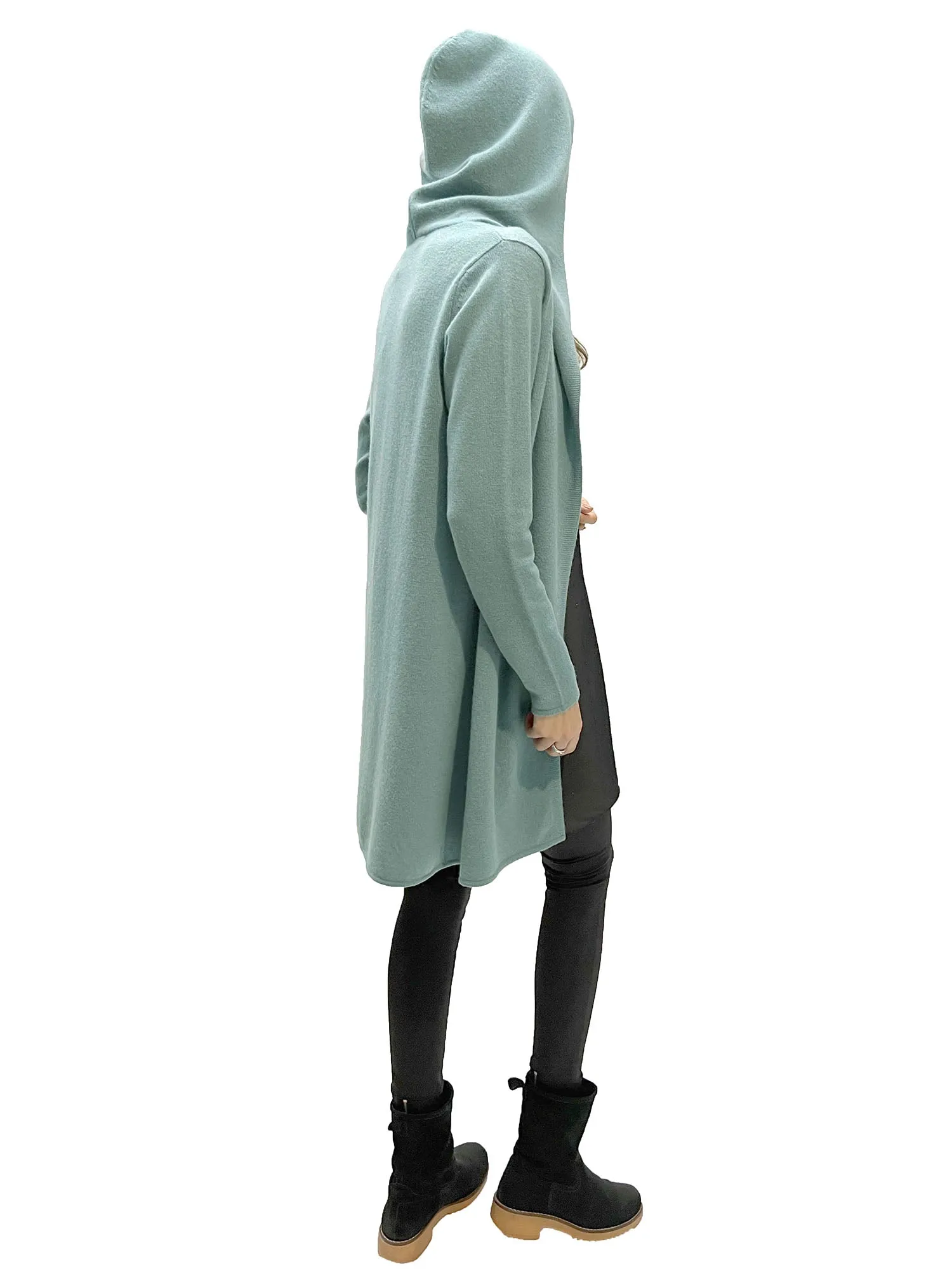 Long Cashmere Hooded Cardigan in Green duck egg