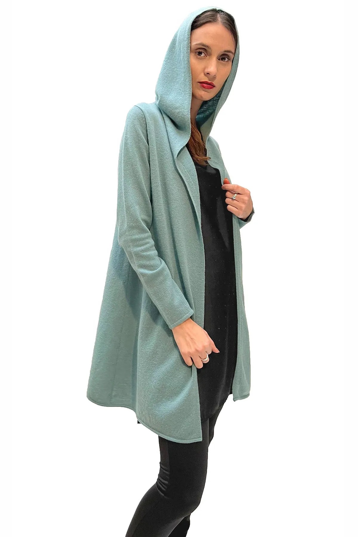 Long Cashmere Hooded Cardigan in Green duck egg