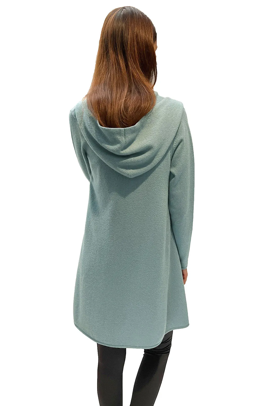 Long Cashmere Hooded Cardigan in Green duck egg