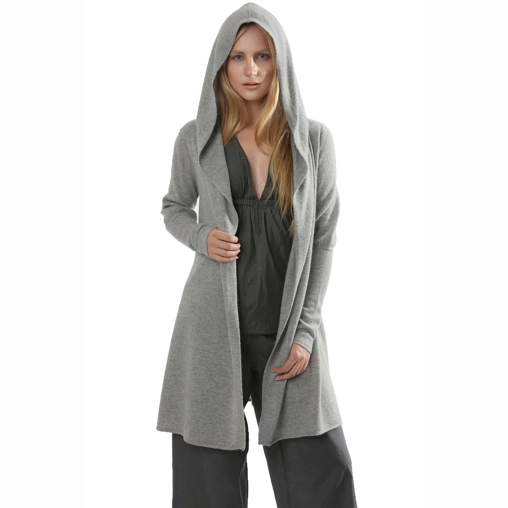 Long Cashmere Hooded Cardigan - Pale pink