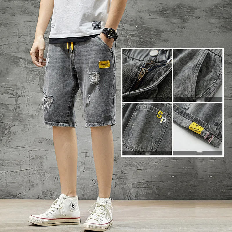 Loose Men Plus Size Elastic Waist Ripped Denim Shorts