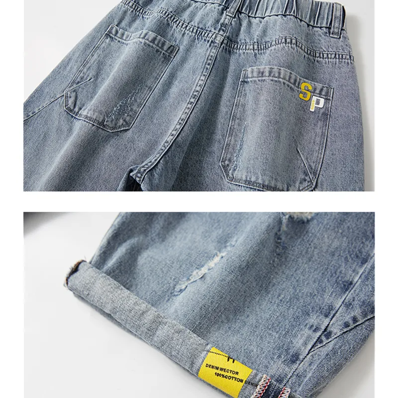 Loose Men Plus Size Elastic Waist Ripped Denim Shorts