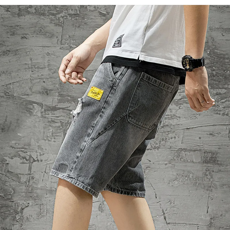 Loose Men Plus Size Elastic Waist Ripped Denim Shorts