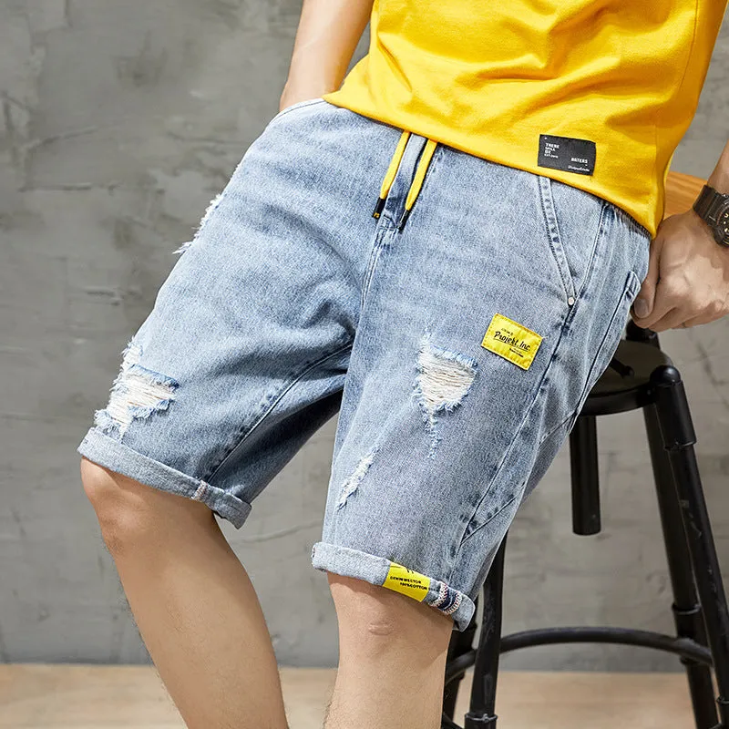 Loose Men Plus Size Elastic Waist Ripped Denim Shorts