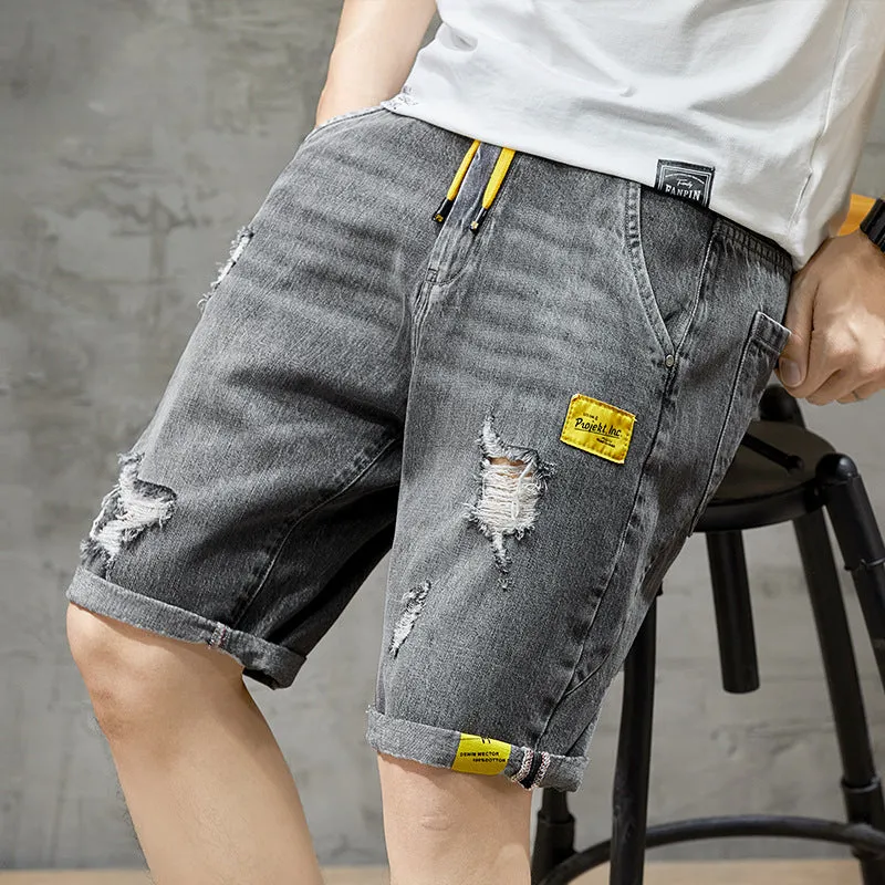 Loose Men Plus Size Elastic Waist Ripped Denim Shorts