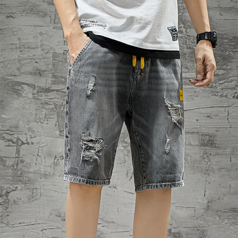 Loose Men Plus Size Elastic Waist Ripped Denim Shorts