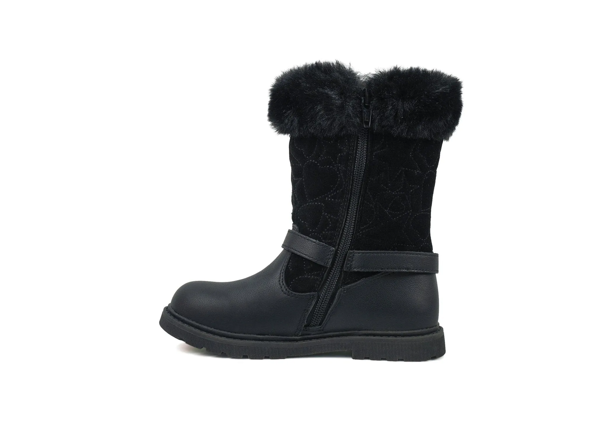 LUMI - Girls' Black Leather & Suede Fur Boots