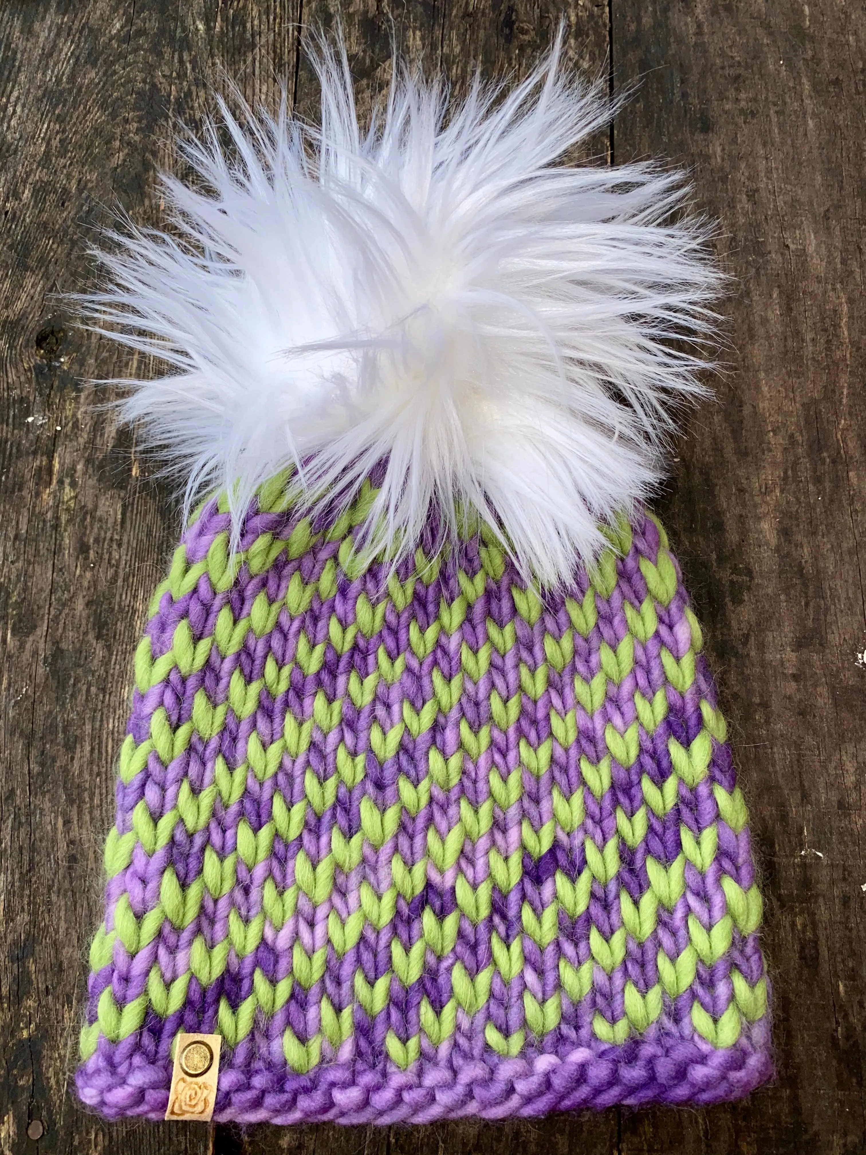 Luxury women's hand knit winter pom beanie purple green white wool fashion holiday gift