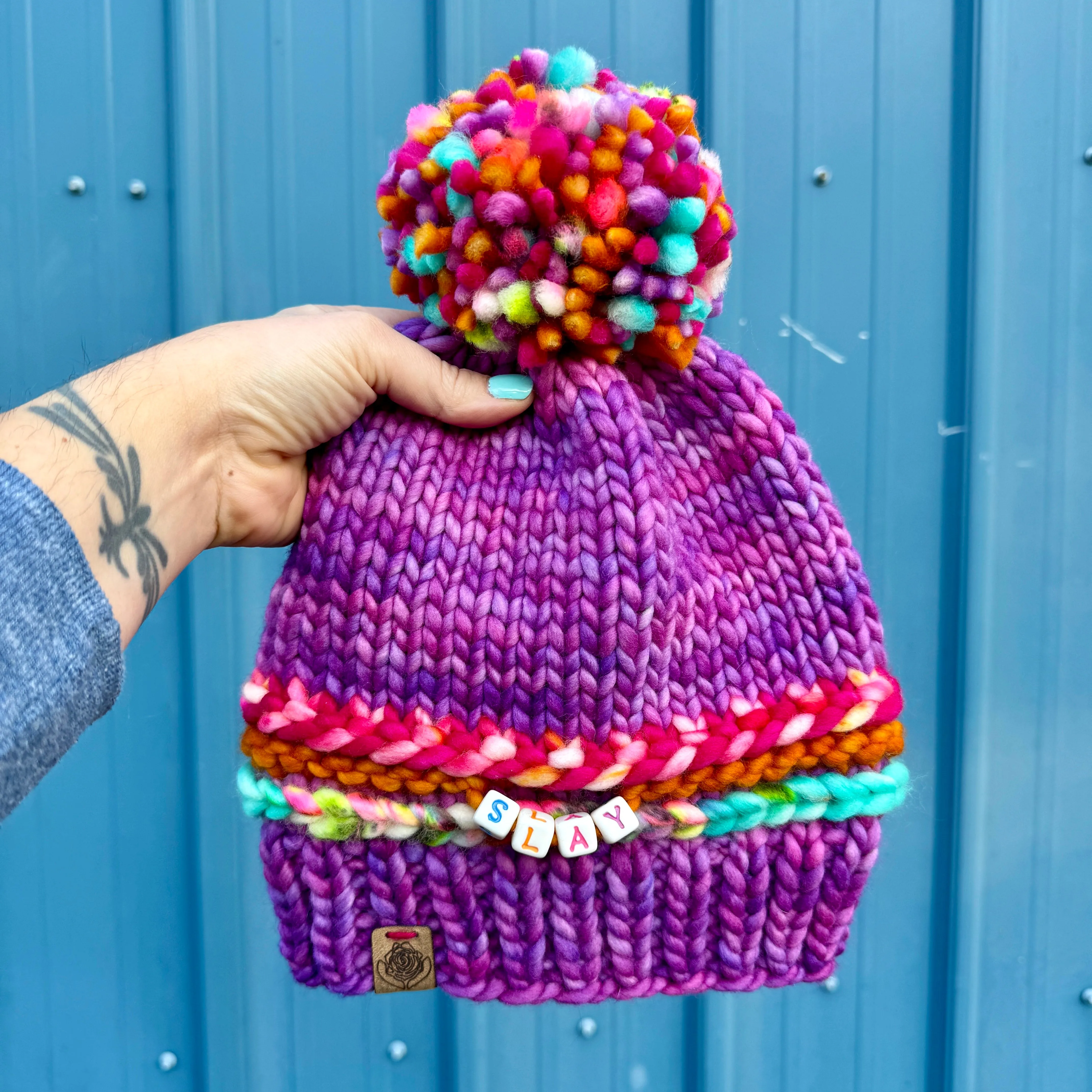 Luxury women's hand knit winter pom beanie slay purple pink teal bright fun color wool slow fashion gift