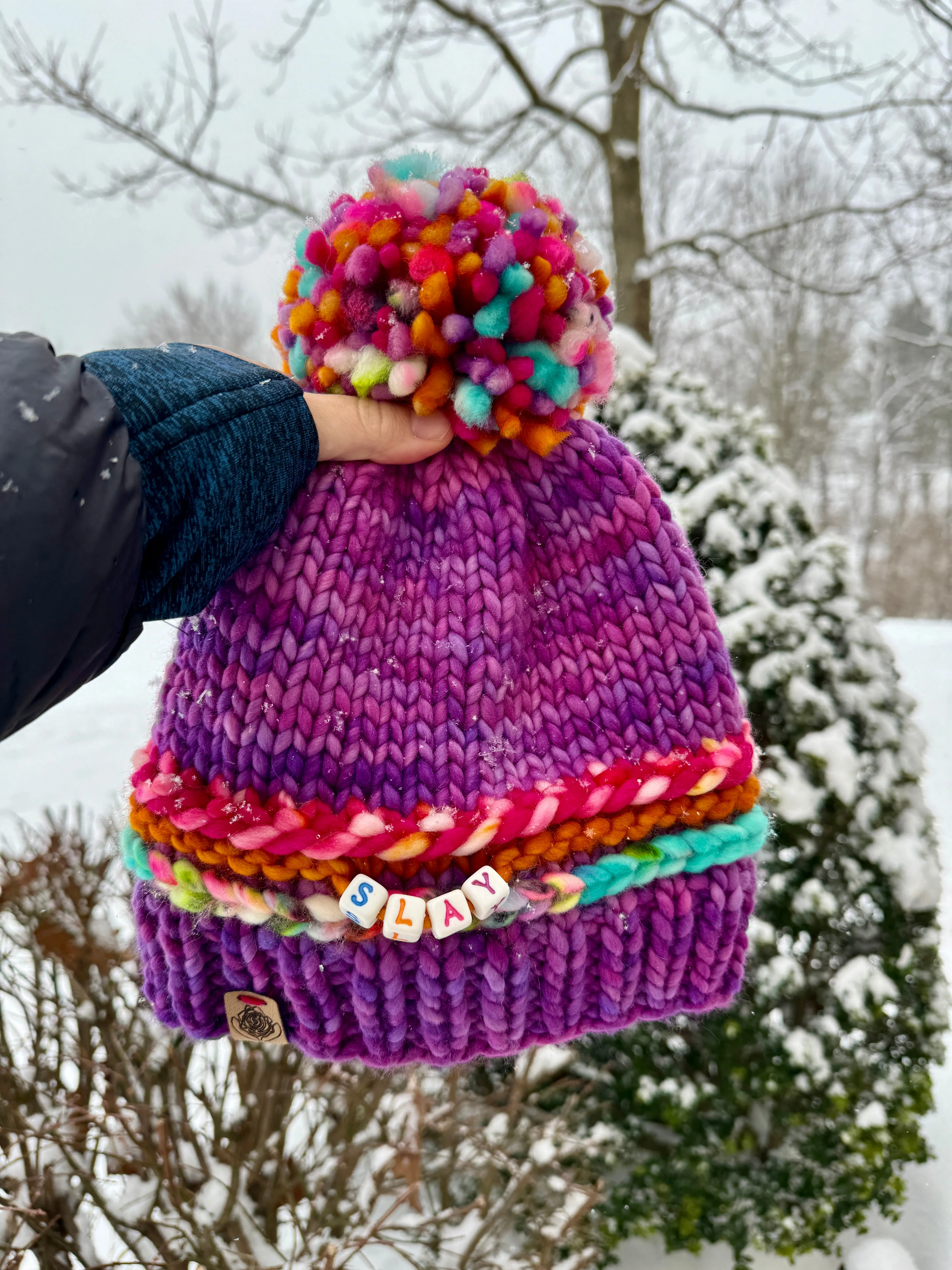 Luxury women's hand knit winter pom beanie slay purple pink teal bright fun color wool slow fashion gift