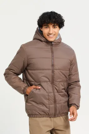 Men Brown Puffer Hooded Jacket