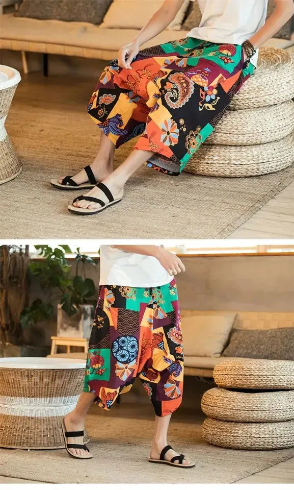 Men Sweatpants Cotton Linen Nepal Loose Harem Hippie Yoga Pants Bloomer Crotch Pant Casual Jogger Workout Atheltic Fitness Pant