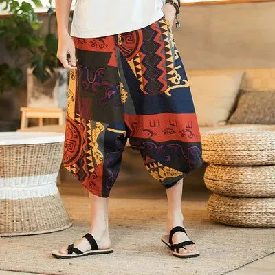 Men Sweatpants Cotton Linen Nepal Loose Harem Hippie Yoga Pants Bloomer Crotch Pant Casual Jogger Workout Atheltic Fitness Pant