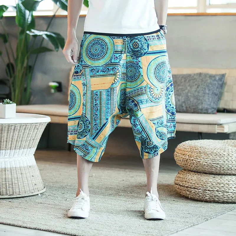 Men Sweatpants Cotton Linen Nepal Loose Harem Hippie Yoga Pants Bloomer Crotch Pant Casual Jogger Workout Atheltic Fitness Pant