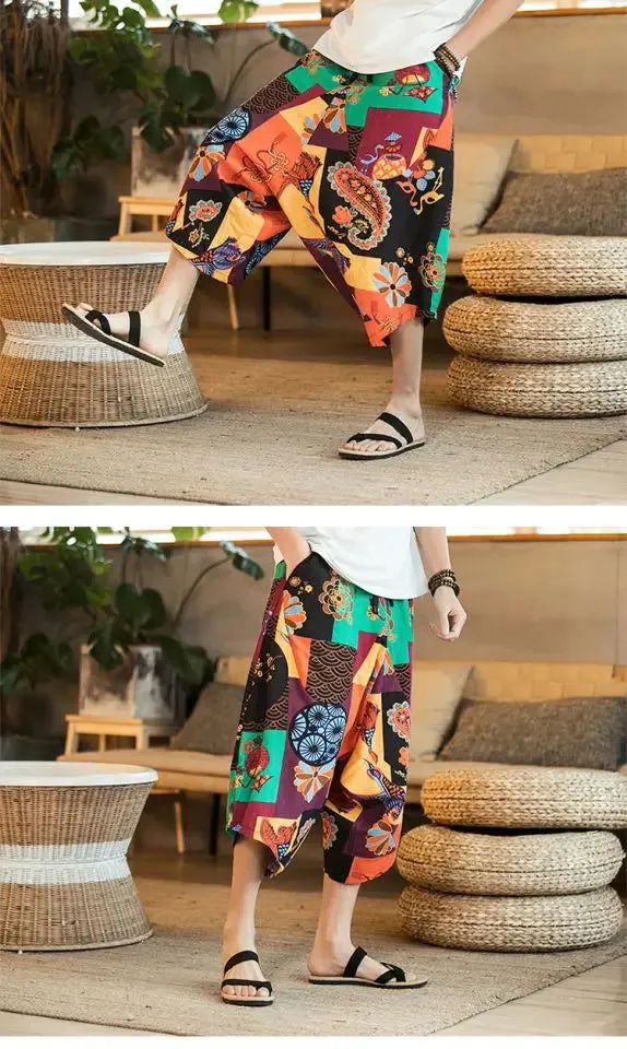 Men Sweatpants Cotton Linen Nepal Loose Harem Hippie Yoga Pants Bloomer Crotch Pant Casual Jogger Workout Atheltic Fitness Pant