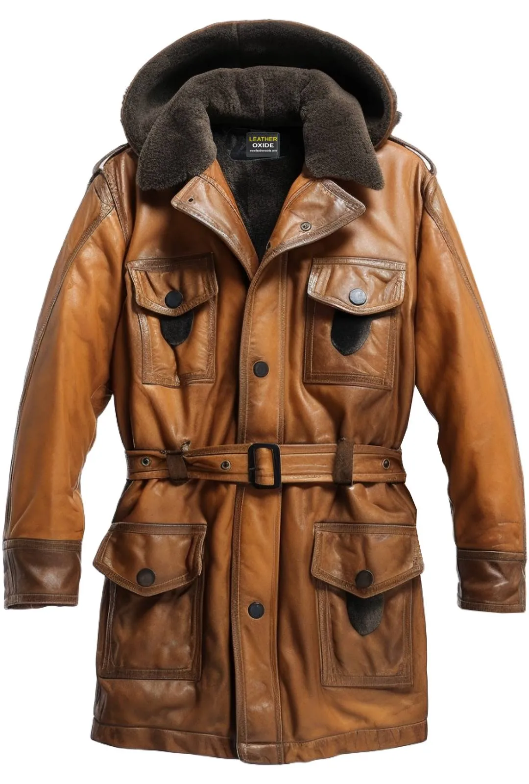 Men Vintage Hooded Fur Leather Hooded Coat - Faux Fur