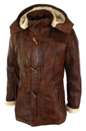 Men's Brown 3/4 Tan Hooded Safari Fur Winter Long Real Leather Jacket