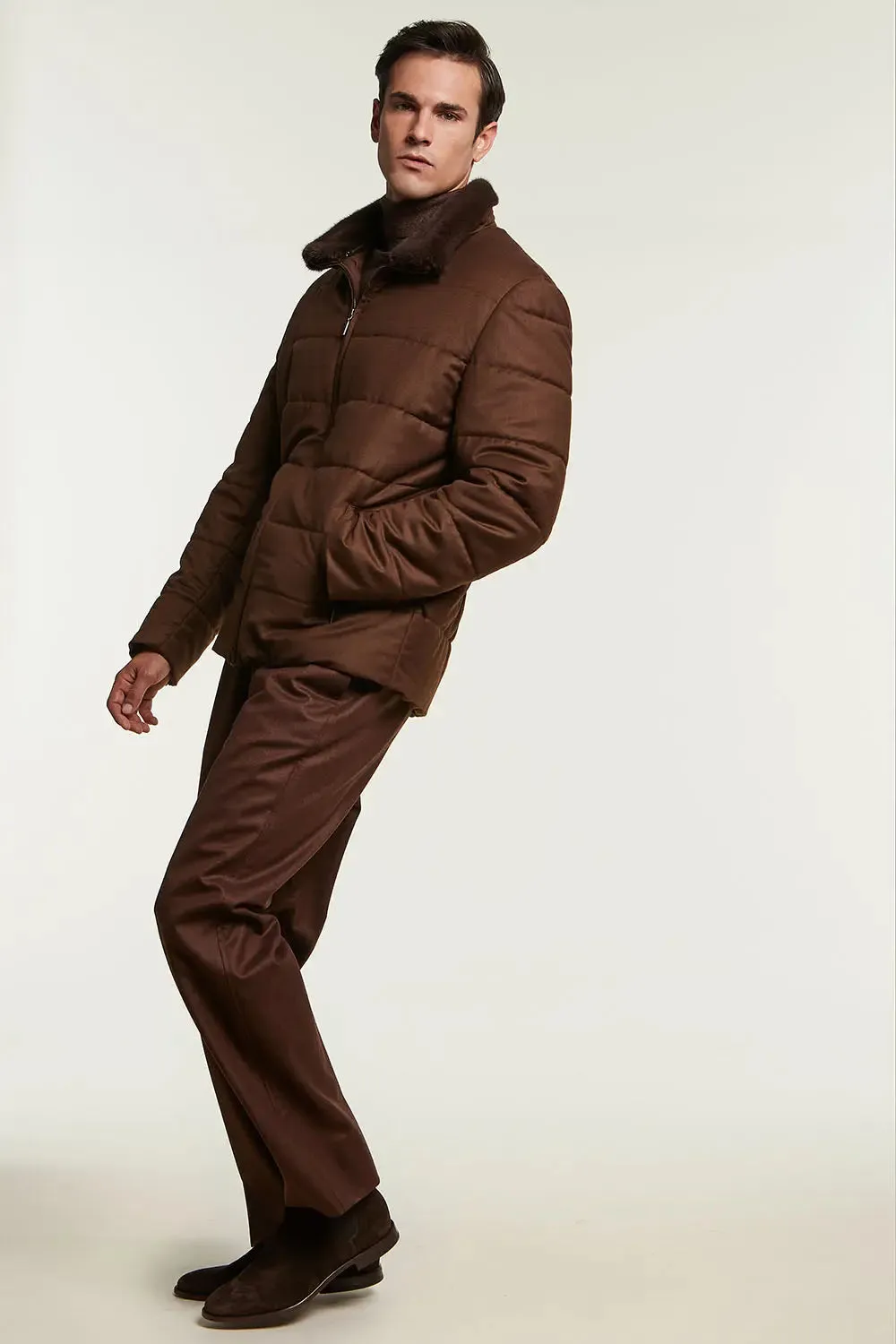 Mens brown jacket with fur collar