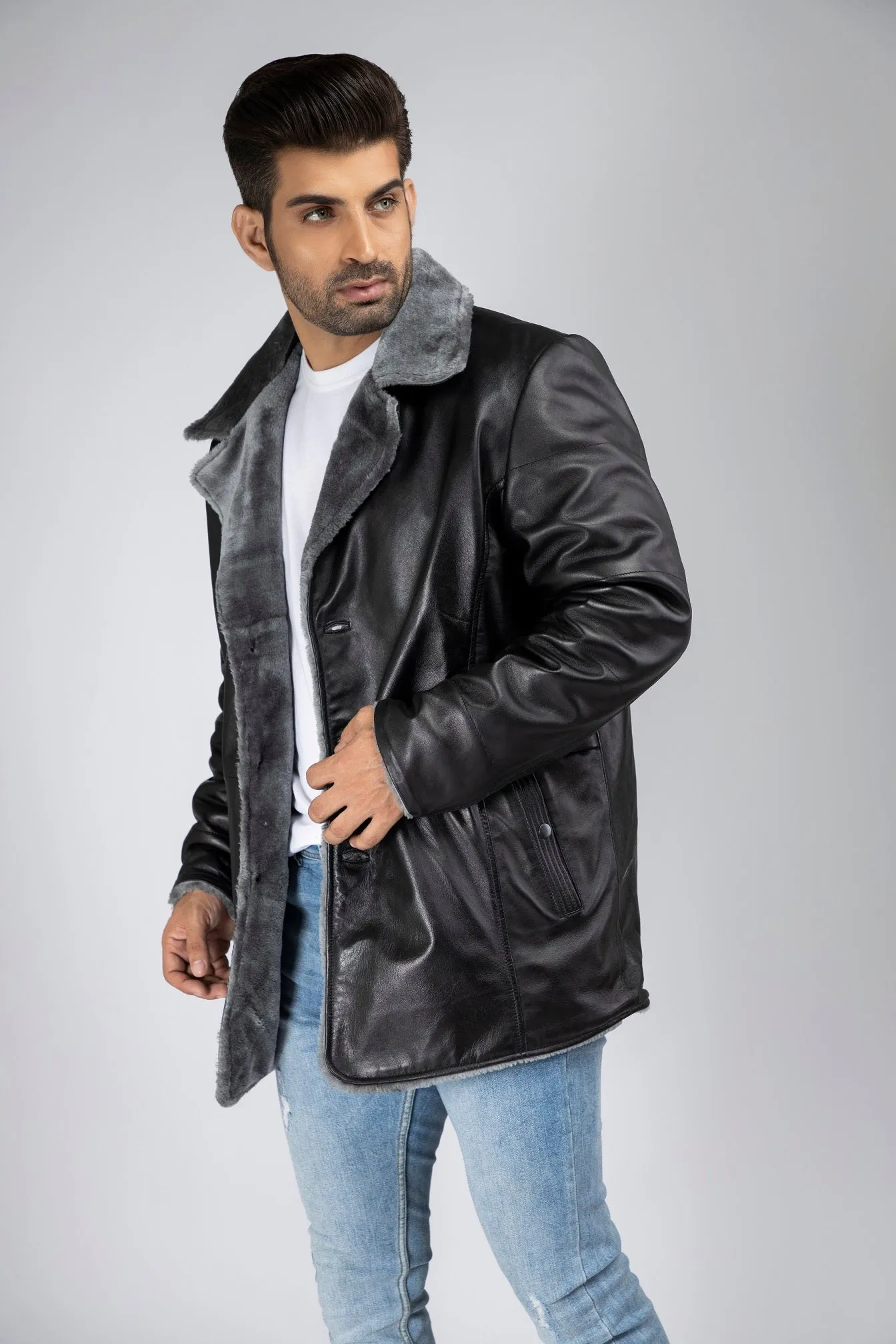 Mens Chaz Front Button Faux Fur Lined Leather Coat