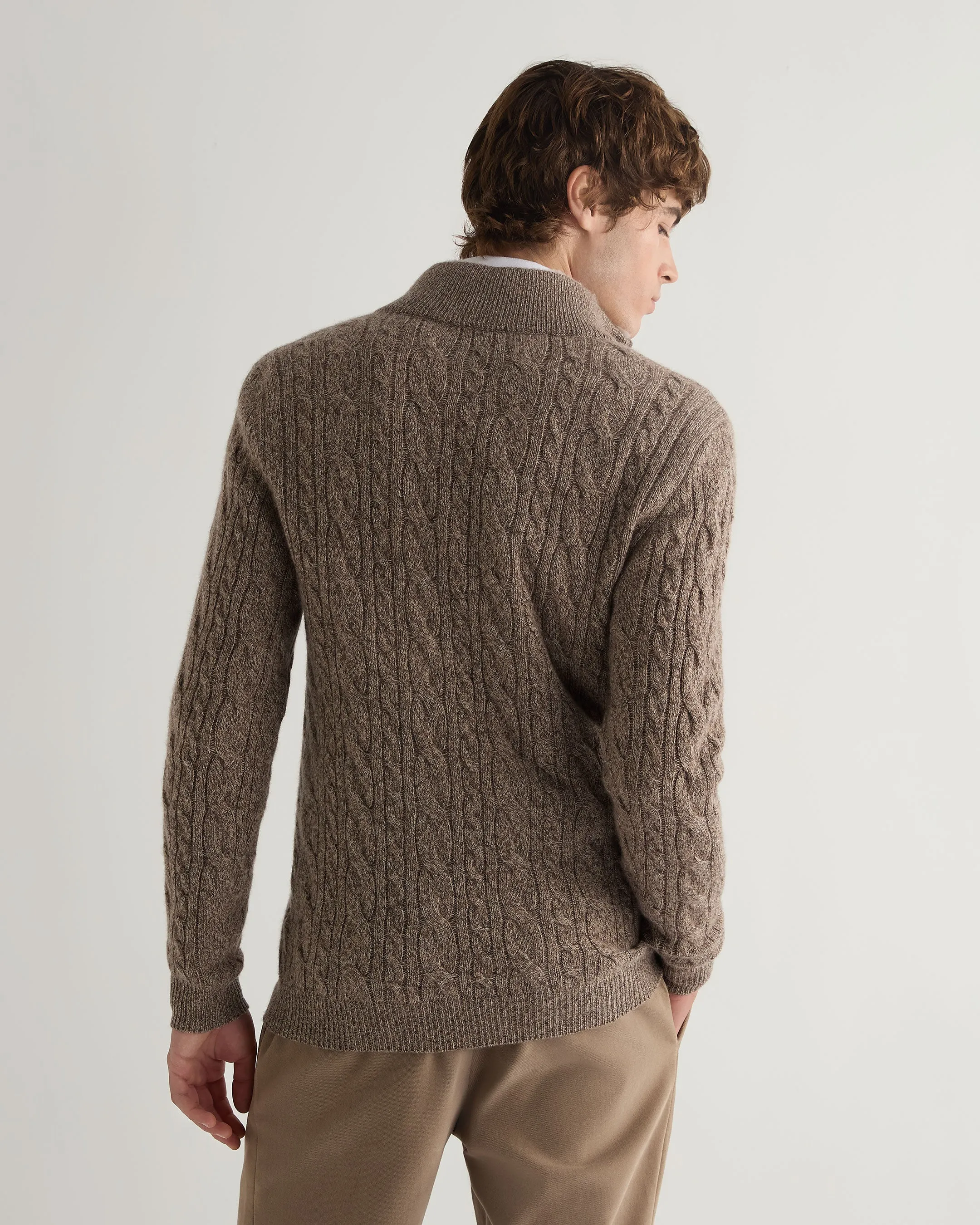 Men's Fur Trim Half Zip Cashmere Jumper Heather Hazel Brown