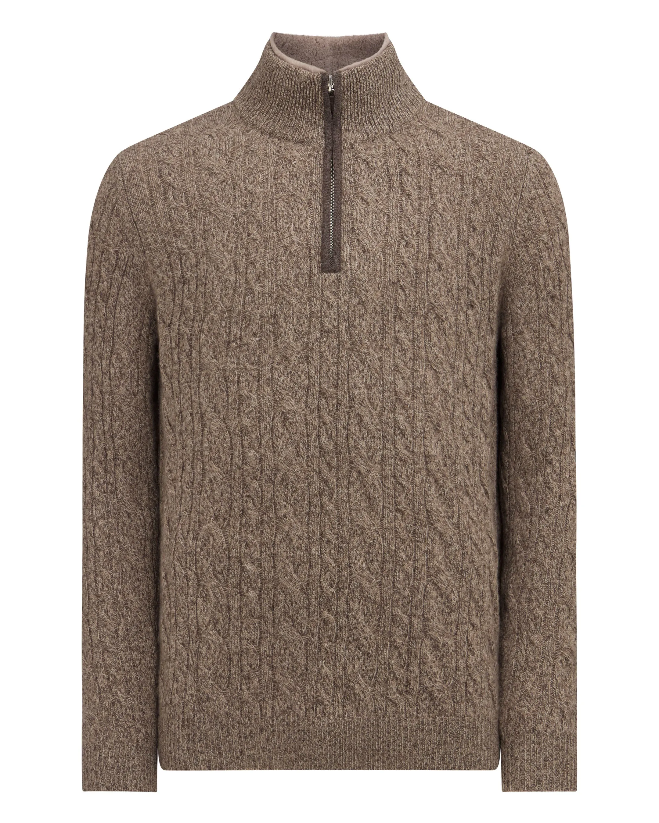 Men's Fur Trim Half Zip Cashmere Jumper Heather Hazel Brown