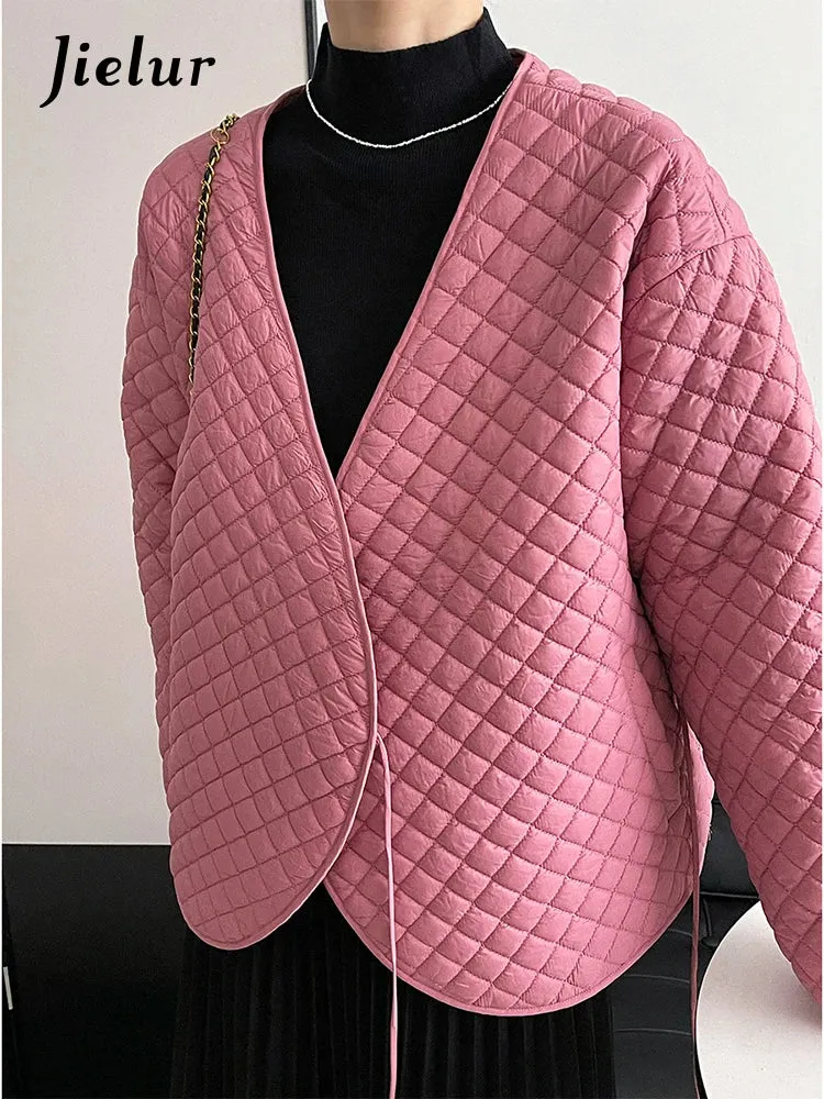 Metaversmall Women Autumn Parkas Coat Jackets Female Simple Loose Chic Korean V-Neck Diamond Plaid Long Sleeve Warm Pink Jacket Woman