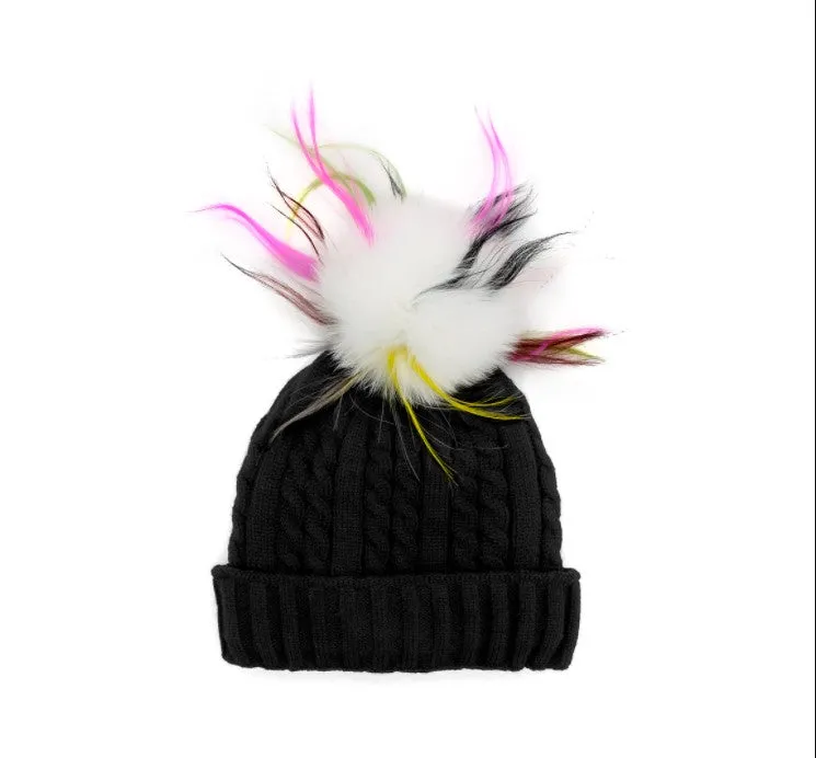 Mitchie's | Knitted Hat With Multi Fox Pom Pom