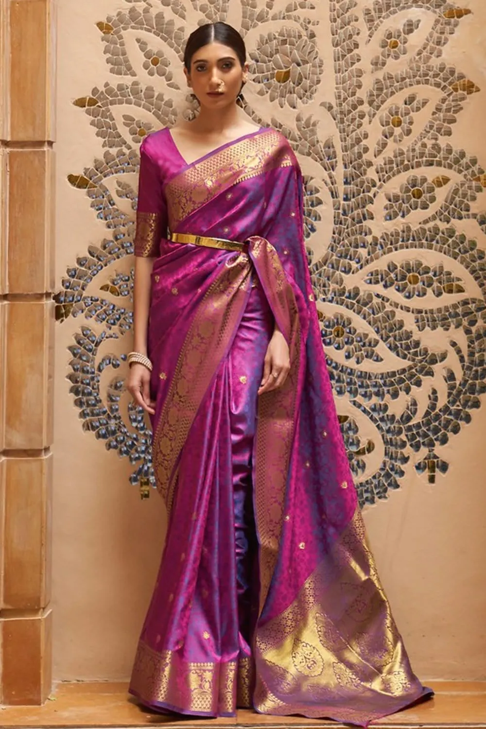 Moiety Purple Pure Kanjivaram Silk Saree with Artistic Blouse Piece