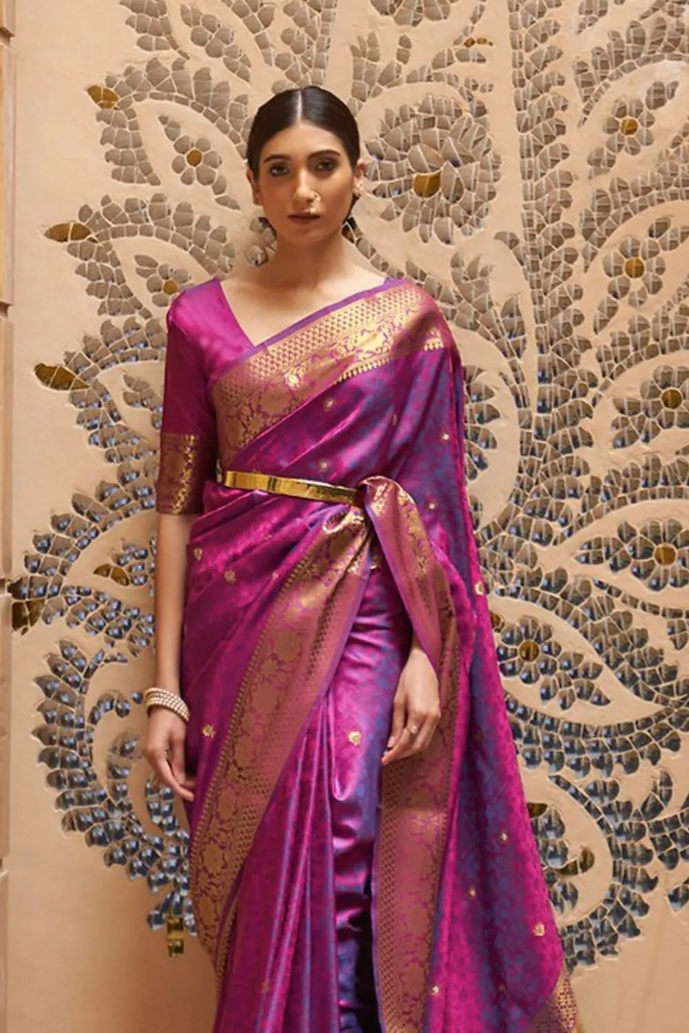 Moiety Purple Pure Kanjivaram Silk Saree with Artistic Blouse Piece