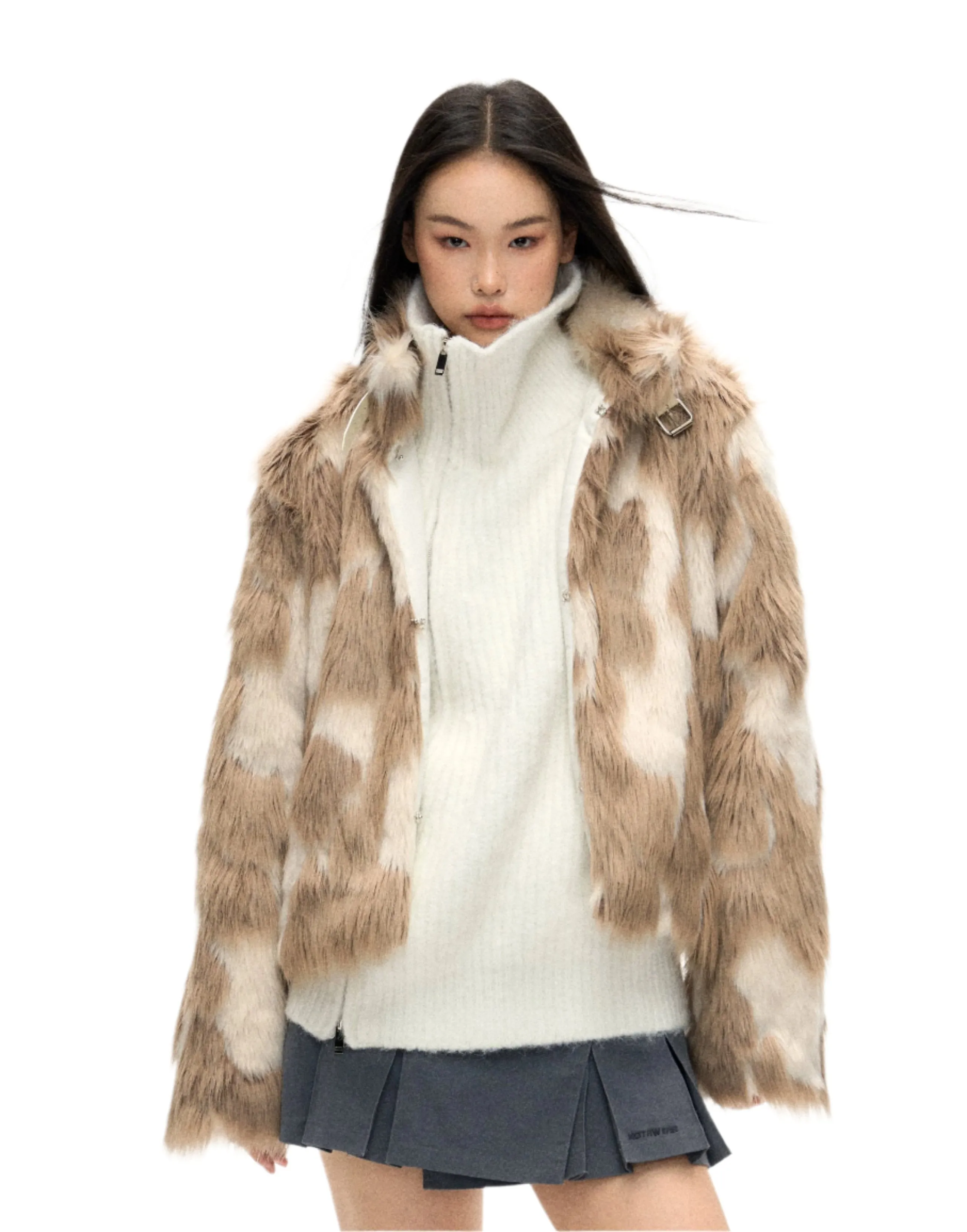 Mottled Eco-friendly Brown Rabbit Fur Coat