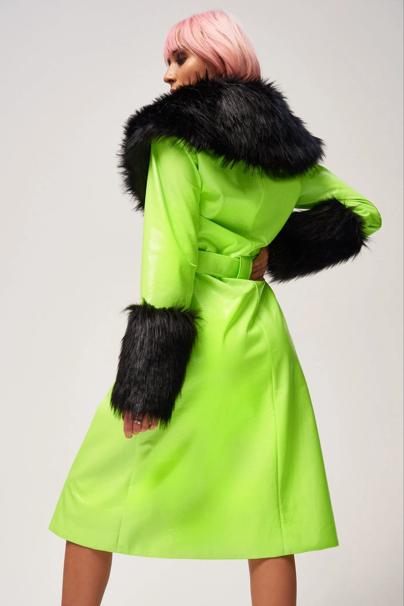 Neon Midi Coat With Black Faux Fur