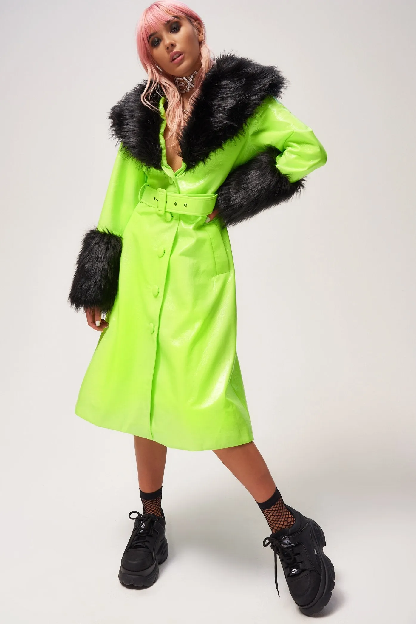 Neon Midi Coat With Black Faux Fur