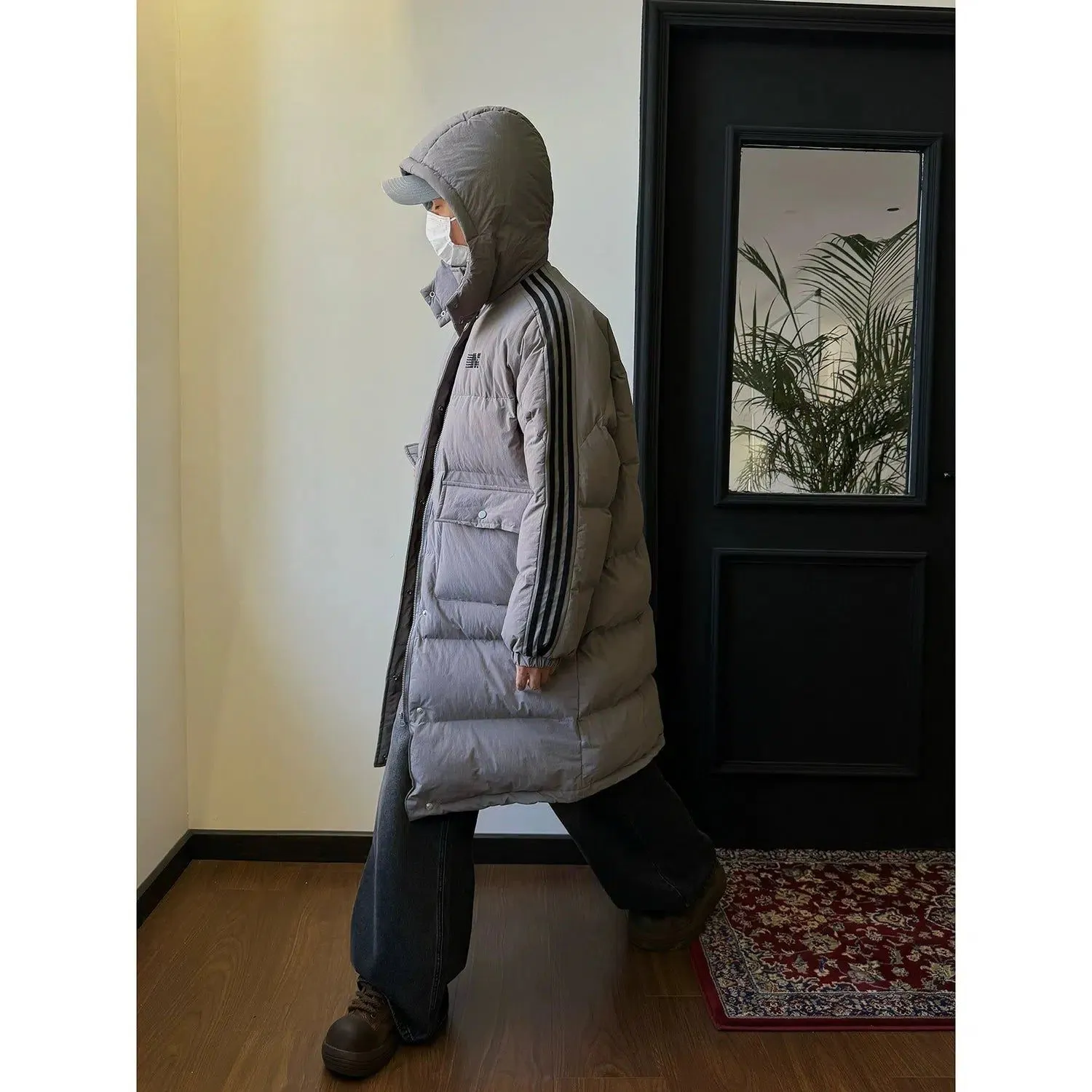 Nine Three-Stripes Hooded Puffer Long Coat