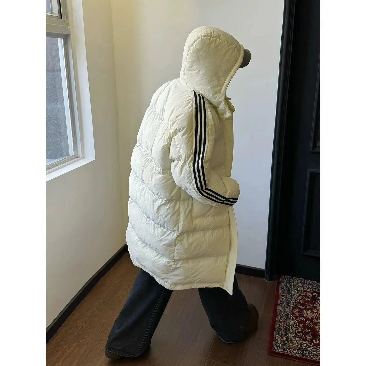 Nine Three-Stripes Hooded Puffer Long Coat