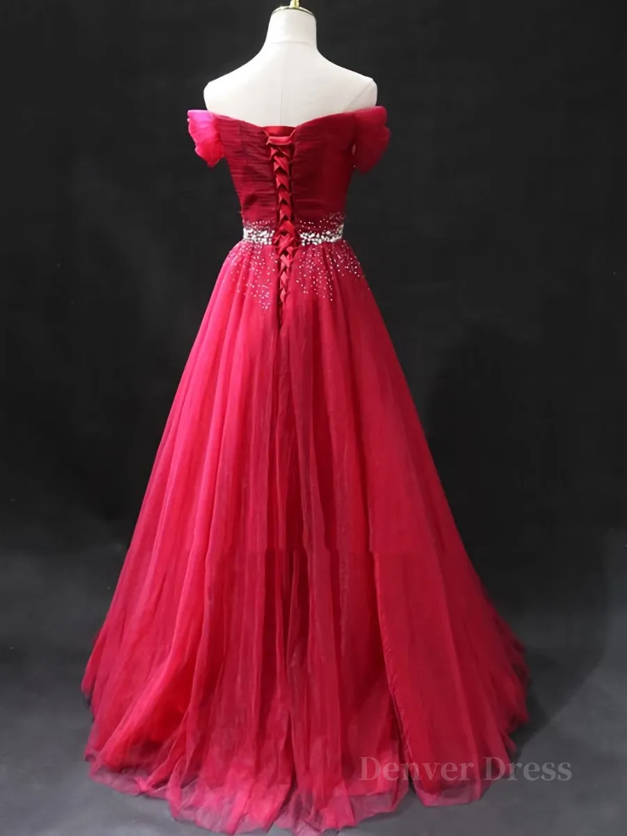 Off the Shoulder Burgundy Prom Dresses with Beaded Belt Wine Red Long Formal Evening Dresses