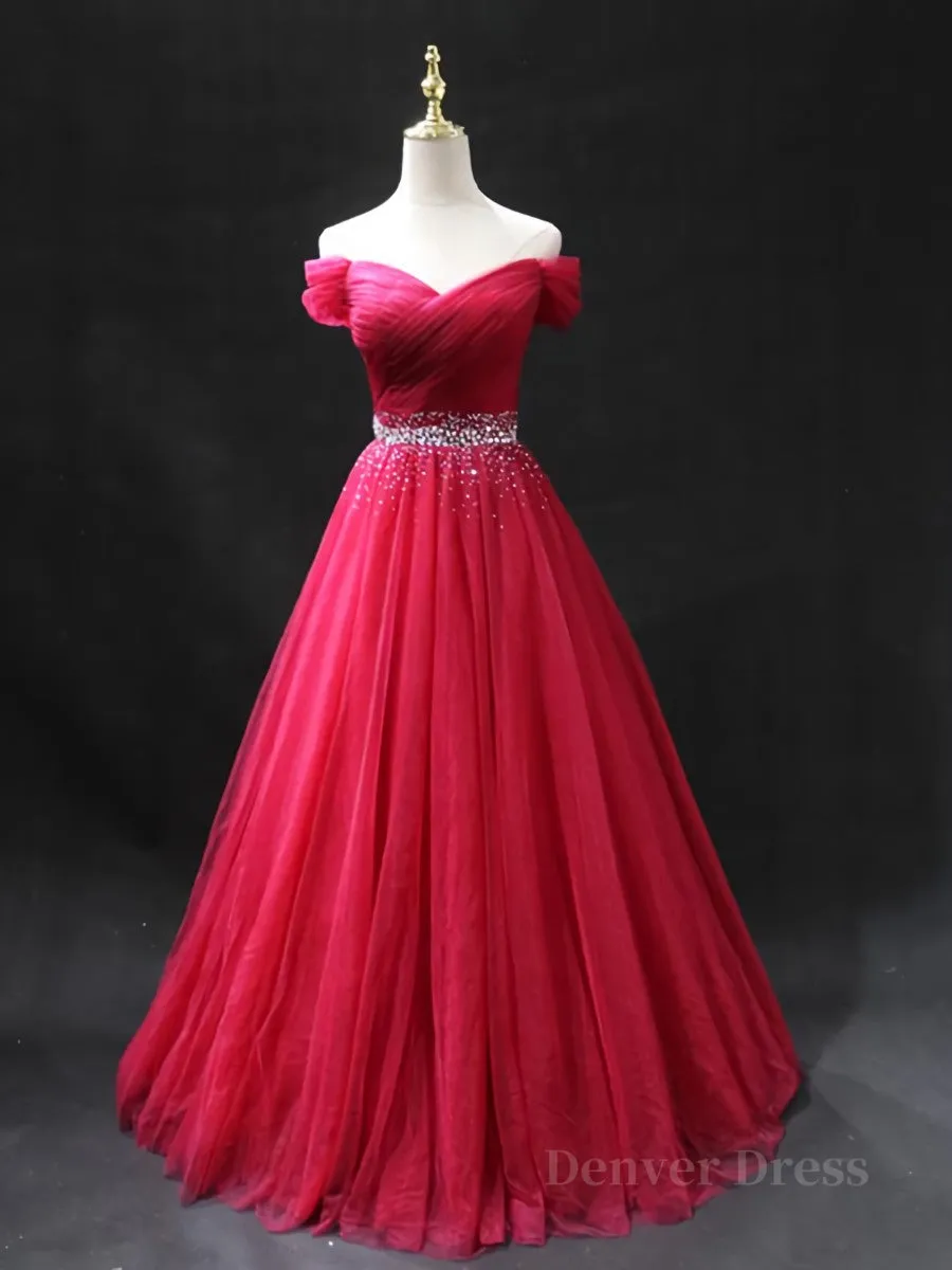 Off the Shoulder Burgundy Prom Dresses with Beaded Belt Wine Red Long Formal Evening Dresses