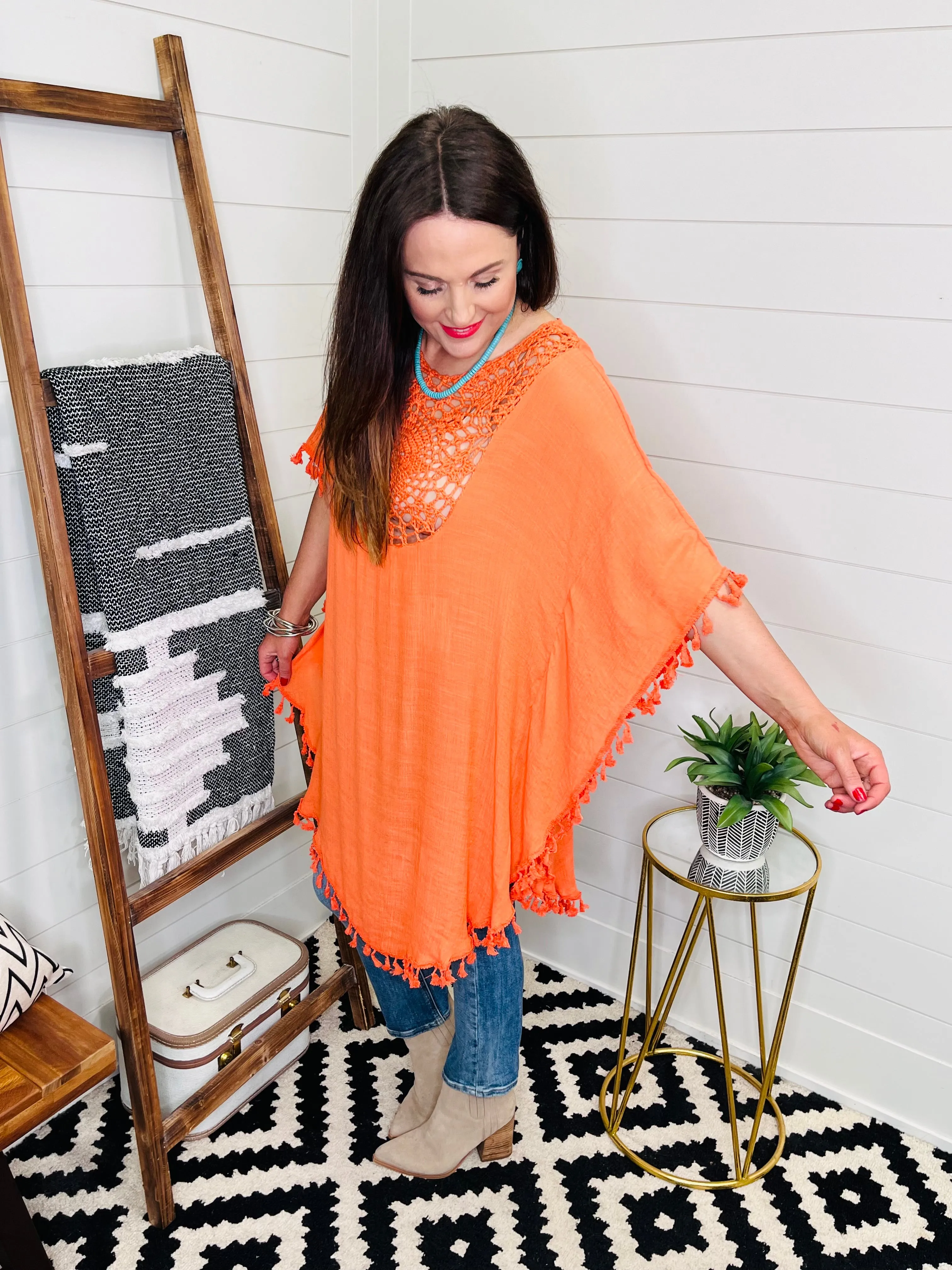 Orange Boho Crochet Cutout Tassel Coverup